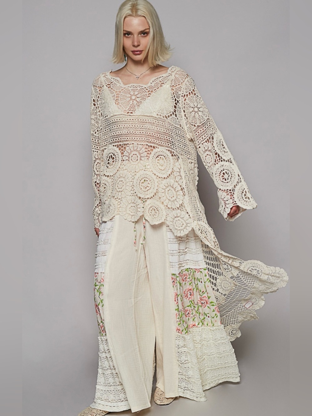 POL Boho Crochet Maxi Cardigan - Color: Natural